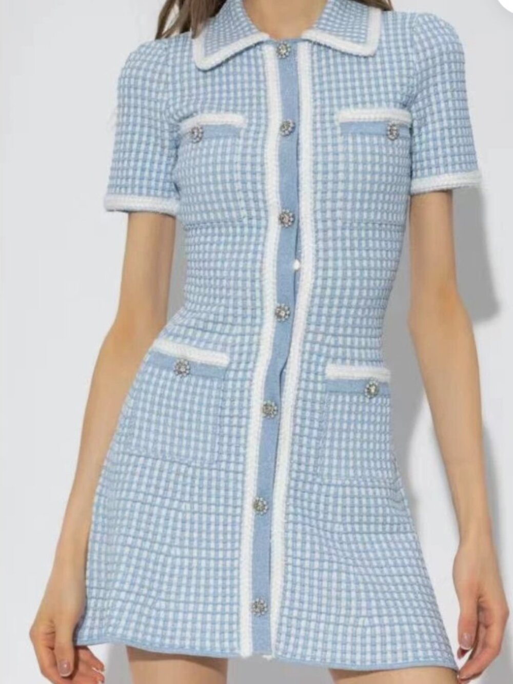 Self-Portrait Light Blue and Ivory Tweed Button-Front Mini Dress NEW - Picture 4 of 5
